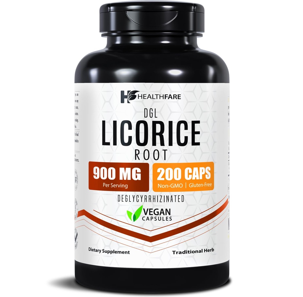 Healthfare Licorice 뿌리 추출물 900mg | 200 Vegan 캡슐 DGL 보충 | Extra Strength Herbal Formula | Non-GMO, 글루텐 프리 | Made in USA