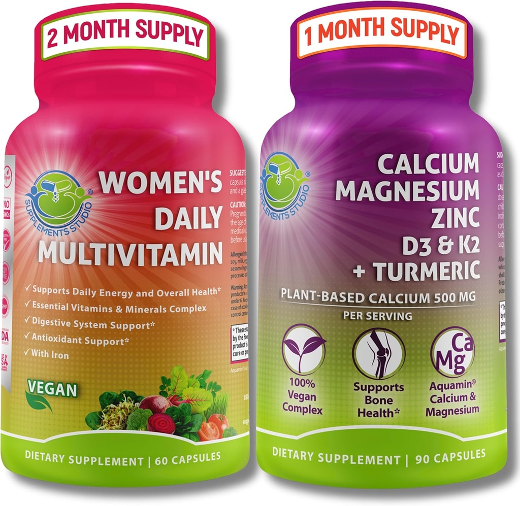 SUPPLEMENTS STUDIO 종합 웰빙 및 뼈 건강 번들 - 철 + 식물 기반 칼슘, 마그네슘, 아연, D3, K2 및 심황이있는 여성 일일 멀티 비타민 - Vegan, Non-GMO, 깨끗한 재료
