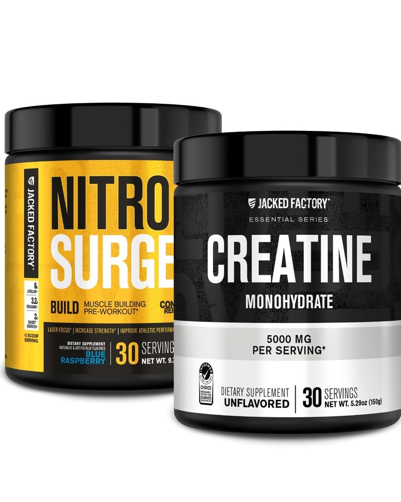 Jacked Factory Nitrosurge Build Pre Workout with Creatine for Muscle Building (30 서빙, 블루 라즈베리) & 근육 성장을위한 크레아틴 Monohydrate Powder & Recovery (30 서빙, 불발)
