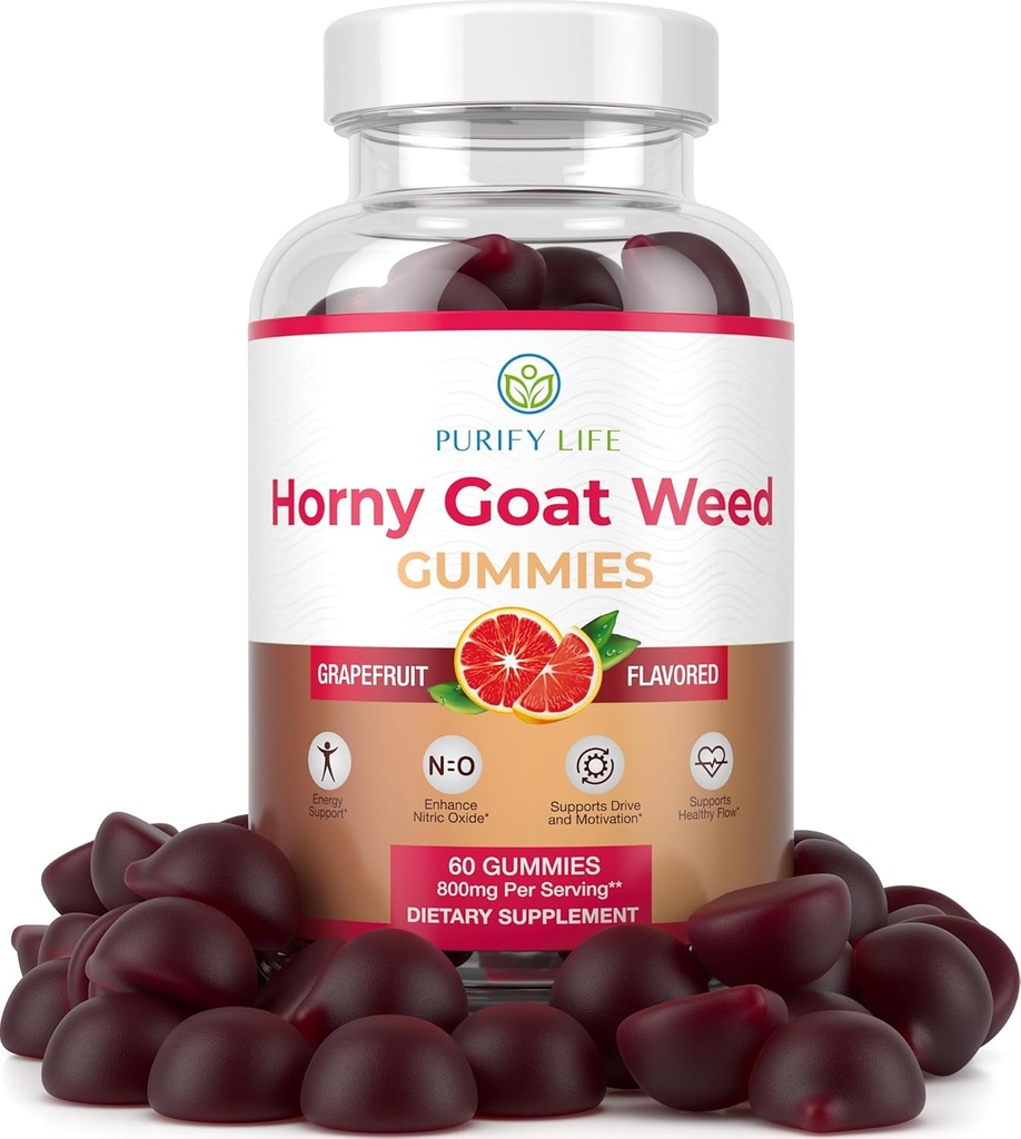 남성과 여성을위한 강력한 Horny Goat Weed (최대 효능 Chews 800mg), 에너지 관리, 성능 및 체력을위한 Horny Goat Weed 추출물 Gummies - Vegan, Gluten-Free, Natural Grapefruit 풍미