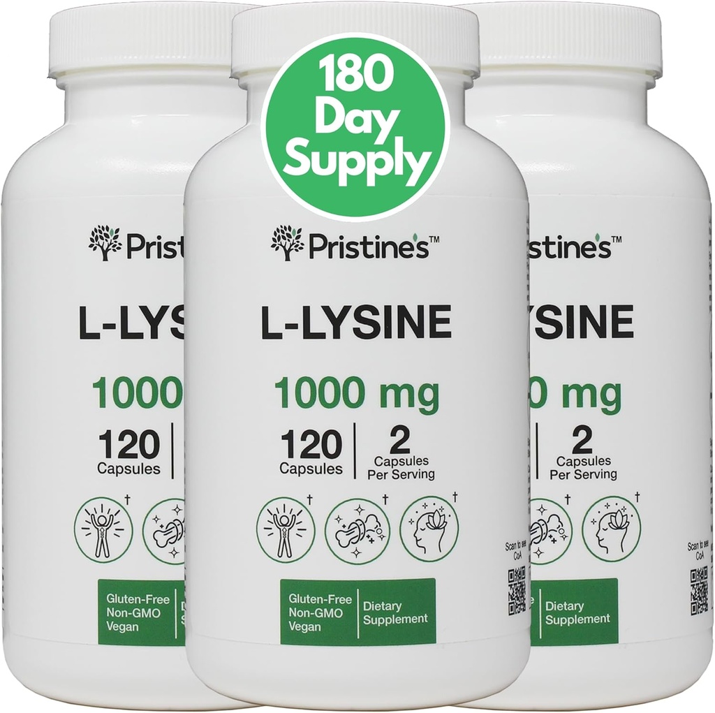 PRISTINE'S L Lysine 1000mg (3 팩) 입술 & Gum 건강 필수 아미노산 Immunity 지원 보충교재 캡슐 -180 일 공급 근육 & 조직 지원 - 교원질 생산 - Vegan 글루텐 자유로운 비 GMO