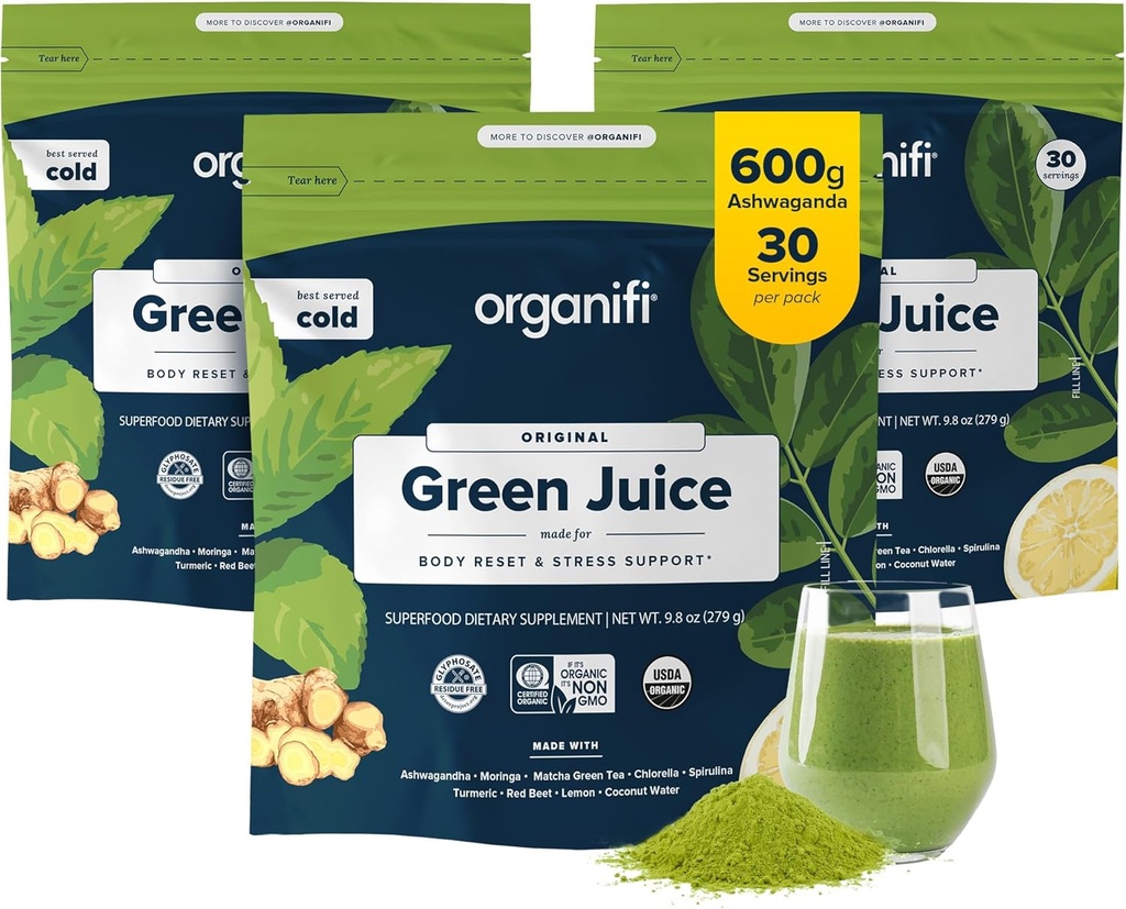 Organifi Green Juice - 유기 Superfood Powder - 90 일 공급 - 유기 Vegan Greens - Decrease Cortisol - 스트레스에 대한 더 나은 응답 제공 - 체중 조절 지원 - 총 바디 웰빙