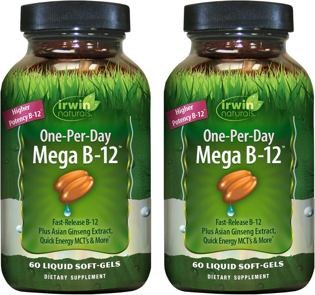 Irwin Naturals One-Per-Day Mega B-12 1,500mcg 높은 Potency Methylcobalamin Vitamin - MCT + Asian Ginseng과 빠른 향상된 흡수 - 천연 에너지 부스트 - 60 액체 Softgels (팩 2)