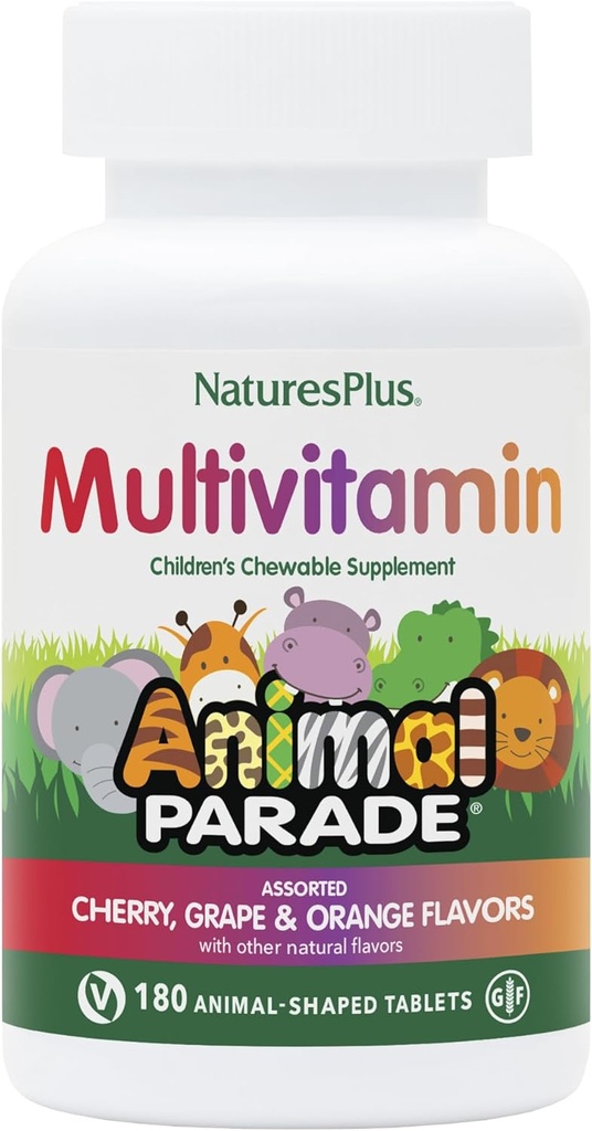NaturesPlus Animal Parade Children's Chewable Multivitamin - 180 동물 모양 정제, 3 팩 - 자연 구색 풍미 - Vegan, 글루텐 무료 - 270 총 봉사