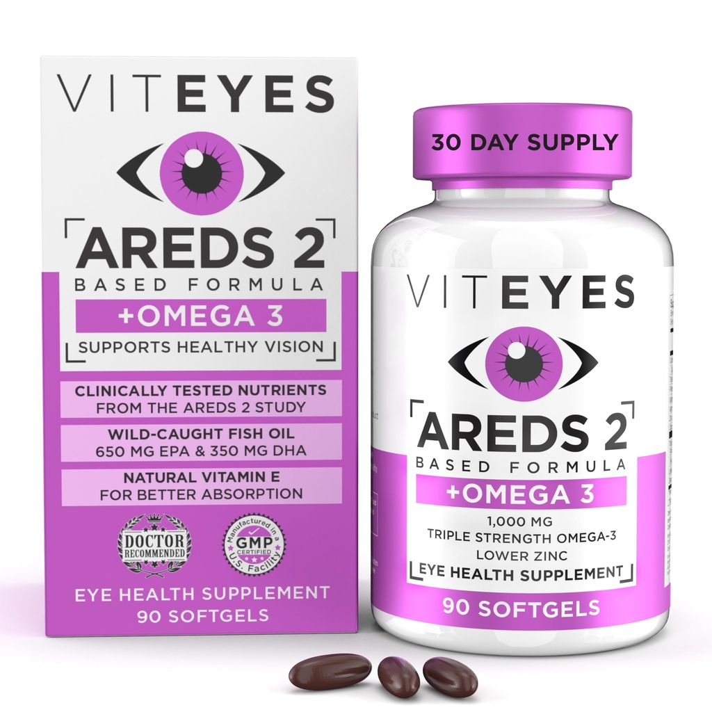 Viteyes AREDS 2 + Omega-3 Macular 건강 공식 Softgels의 세 배 힘 Omega-3 (650 mg EPA, 350 mg DHA), 시각 보호를 위한 눈 건강 비타민, 90 Softgels