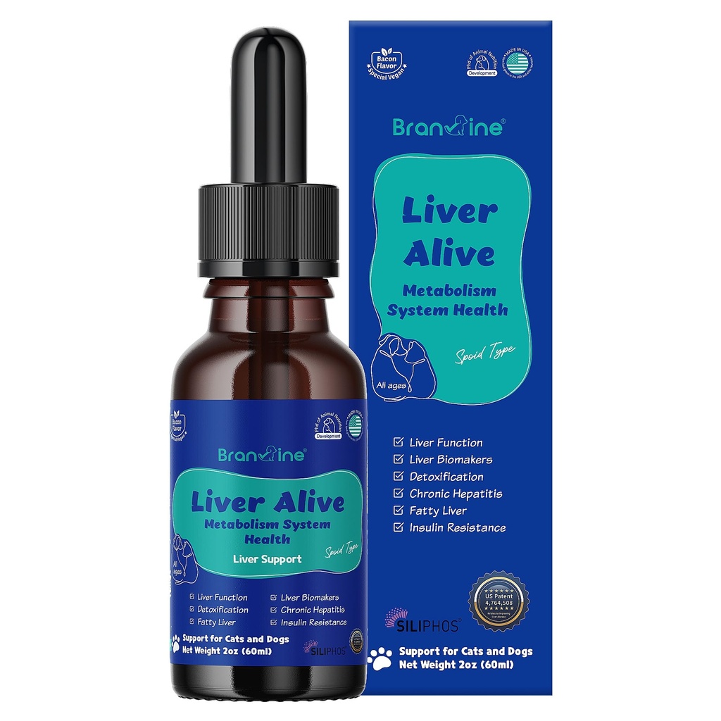 Liver Alive Metabolism System Health for Dogs and Cats - 기능, 지방, Detox, SILIPHOS®, TUDCA, 같은 Vegan Bacon 맛 (60ml)와 함께 만성 간염