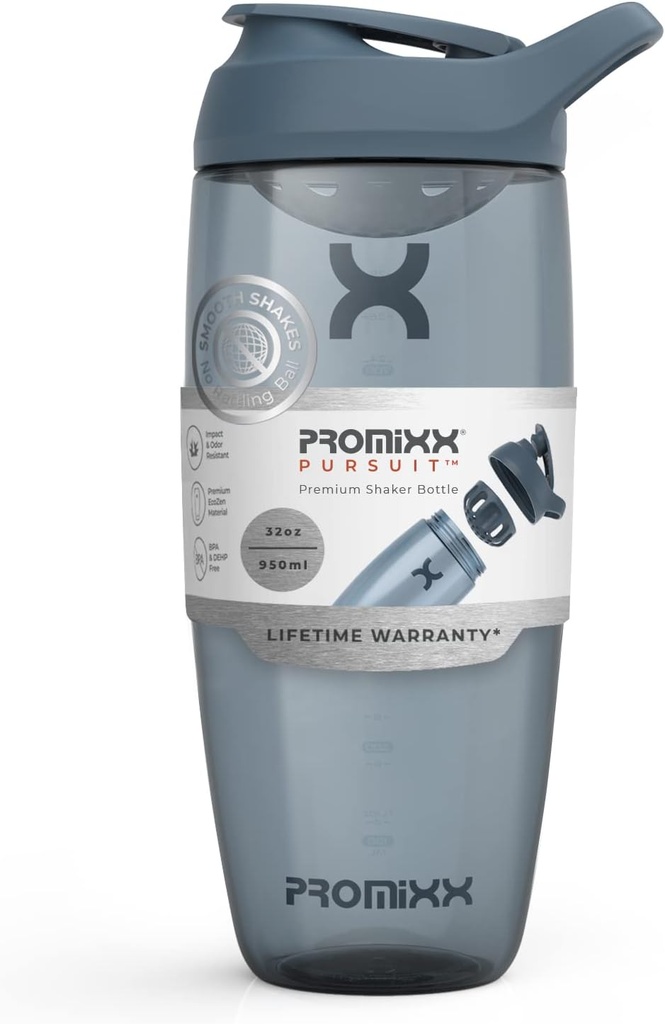 Promixx Pursuit Protein Shaker Bottle (32 oz) - Silent No-Ball 믹서, 누출 방지 뚜껑, BPA / BPS 및 Phthalate-Free ECOZEN - 단백질 쉐이크, Pre & Post-Workout 스무디를위한 쉬운 청소 셰이커 컵