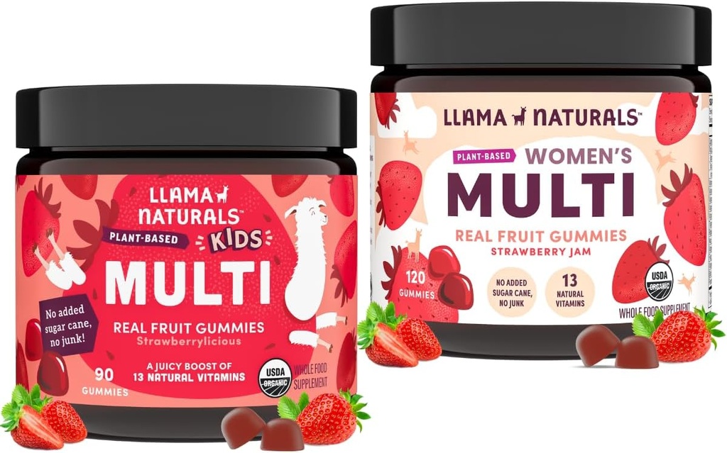 Llama Naturals Real Fruit Multivitamin Gummies | 어린이 및 여성 전체적인 식품 기반 비타민 | 추가 Cane Sugar | 유기, 채식주의자, 체용 | 90 ct & 120 ct | 딸기