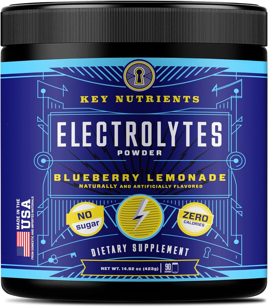 KEY NUTRIENTS Multivitamin Electrolytes Powder No Sugar - 신선한 Blueberry Lemonade Electrolyte Powder - 내구시간 및 에너지 보충 - 하이드로 션 음료 - 칼로리 없음 - 90 서빙 - 미국