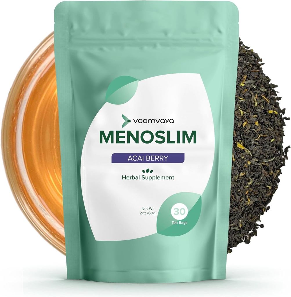 VoomVaya MenoSlim Tea - 호르몬 균형 차, 여성을 위한 Perimenopause & 에스트로겐 보충교재 - , 뜨거운 섬광을 위해, 밤 땀 & Meno-Belly - Acai Berry 풍미 - 30 Teabags