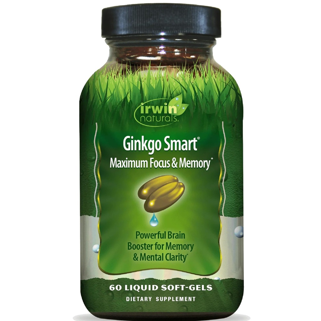 Irwin Naturals Ginkgo 스마트 강력한 Nootropic Brain Booster - DMAE, Clubmoss, Choline 및 Acetyl L-Carnitine과 최대 메모리, 초점 및 정신적 Clarity 지원 - 60 액체 Softgels