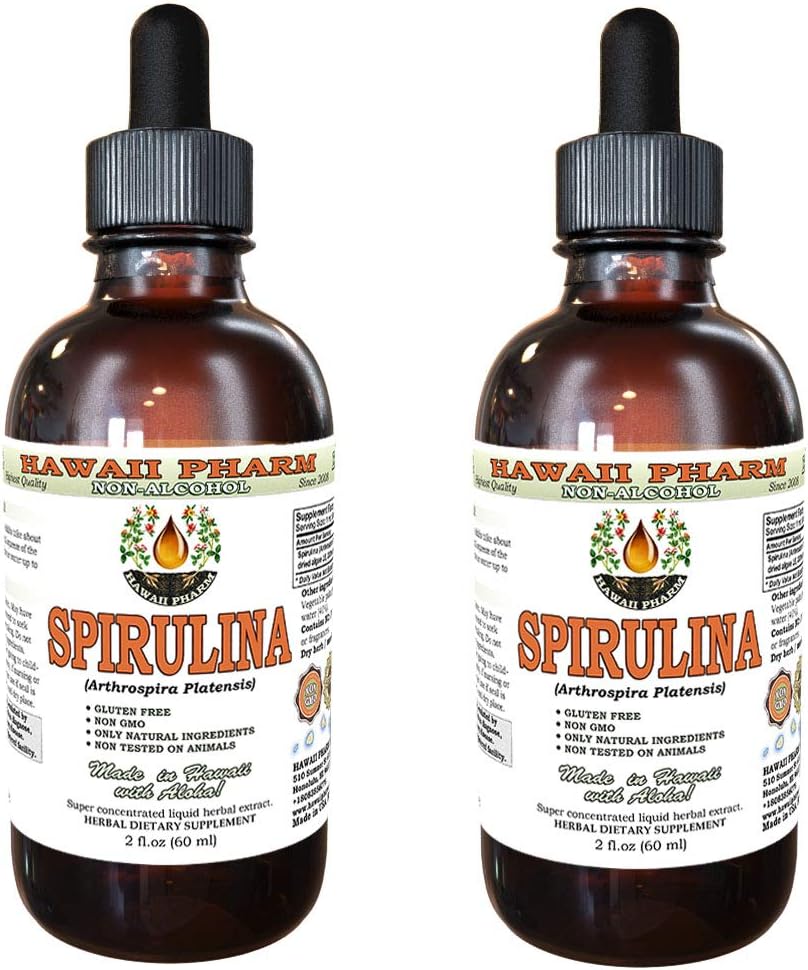 Spirulina 알콜 자유로운 액체 추출물, 유기 Spirulina (Arthrospira platensis) 말린 조류 Glycerite 자연적인 초본 보충교재, 하와이 Pharm, 미국 2x2 fl.oz