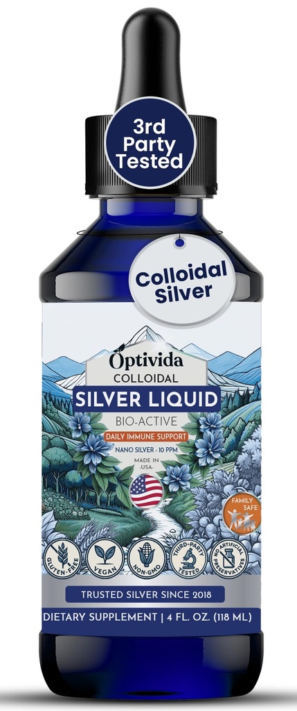 Optivida Health Colloidal Silver Liquid (4 oz) - 매일 웰빙 및 면역 지원을위한 프리미엄 나노 실버 콜로이드 보충, 성인 및 어린이, 비 GMO, 글루텐없는 자연 액체 실버 하이드로 솔