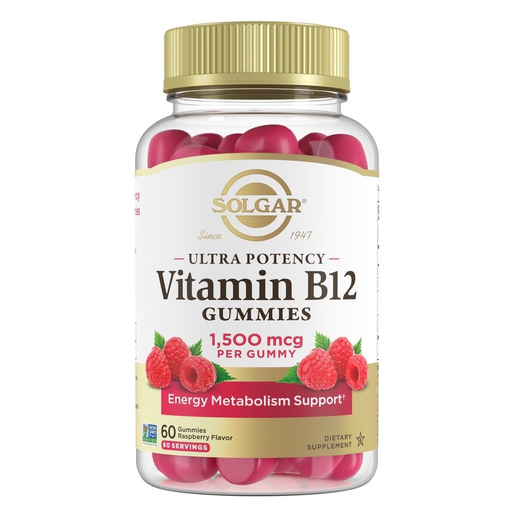 Solgar 메틸 B12 성인을위한 Gummies 1,500mcg 에너지 및 대사 지원, 라즈베리 맛, Vegan & Gluten-Free Gummy for Women & Men, 2 개월 공급, 60 서빙, 2g Sugar
