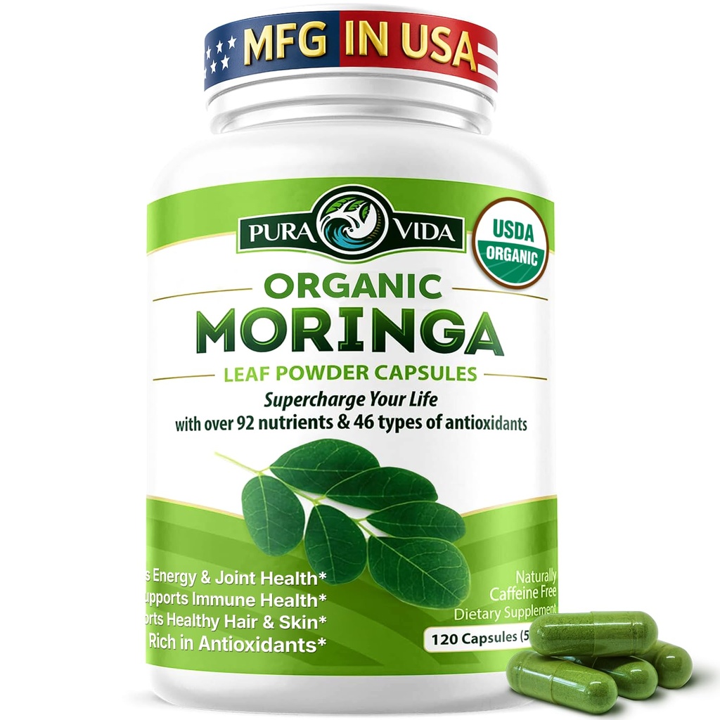 PURA VIDA MORINGA 캡슐 단 하나 근원 Moringa 분말 유기. 순수한 Moringa 잎. 에너지, 대사, & 면역력 지원. 120ct. 500mg 모자.