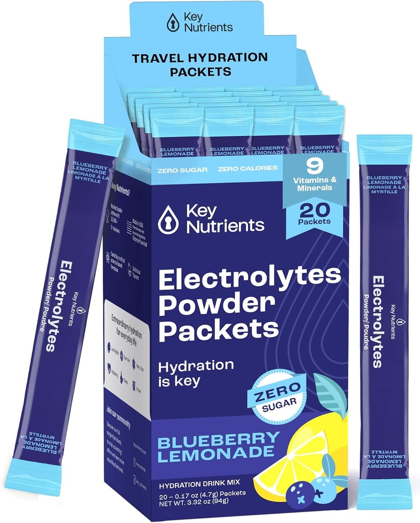 KEY NUTRIENTS Multivitamin Electrolytes Powder Packets - 맛있는 Blueberry Lemonade 20 Pack Hydration Packets - 여행 Hydration Powder - 설탕 없음, 칼로리 없음, 글루텐 무료 - 미국에서 만든