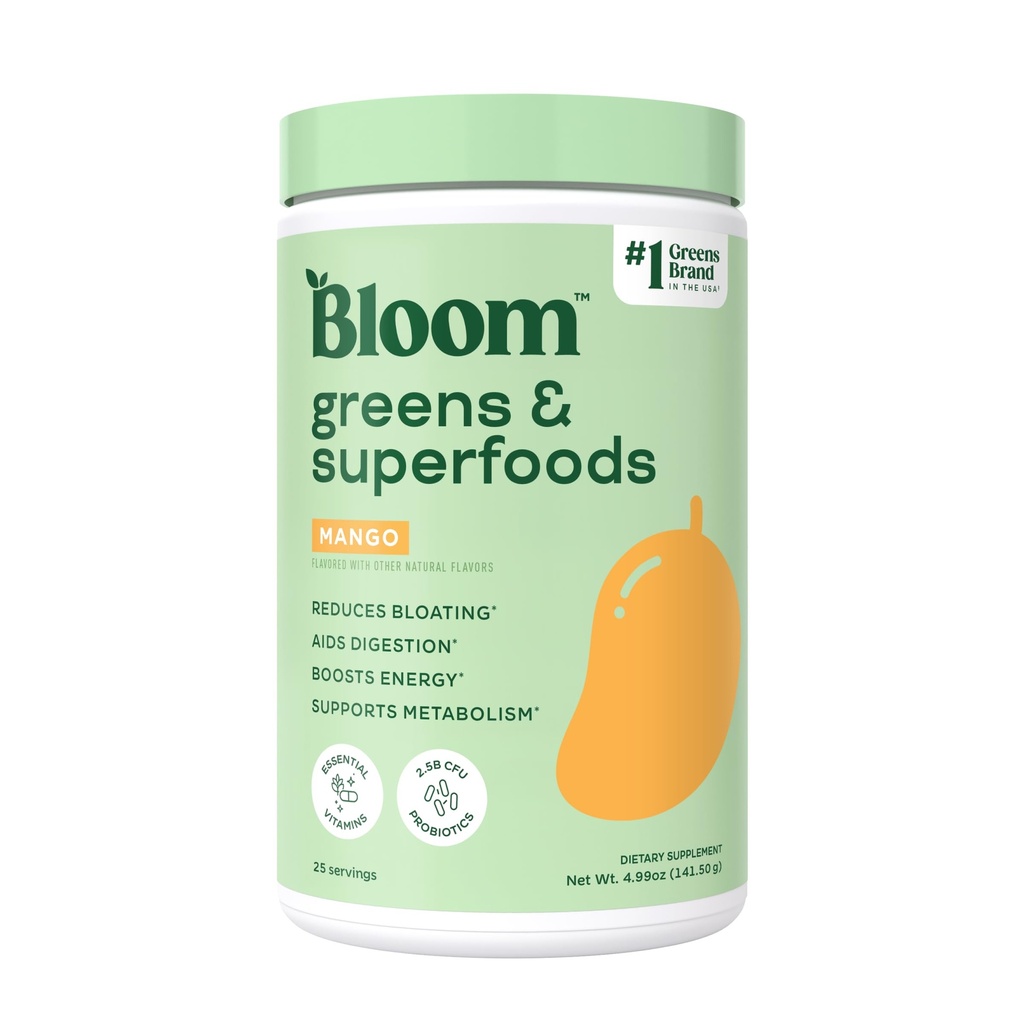 Bloom Nutrition Superfood Greens Powder, Probiotics 및 Prebiotics, Gut Health, 여성용 Bloating Relief, Chlorella, Beet Root Powder, 25 SVG, Mango와 녹색 주스 혼합