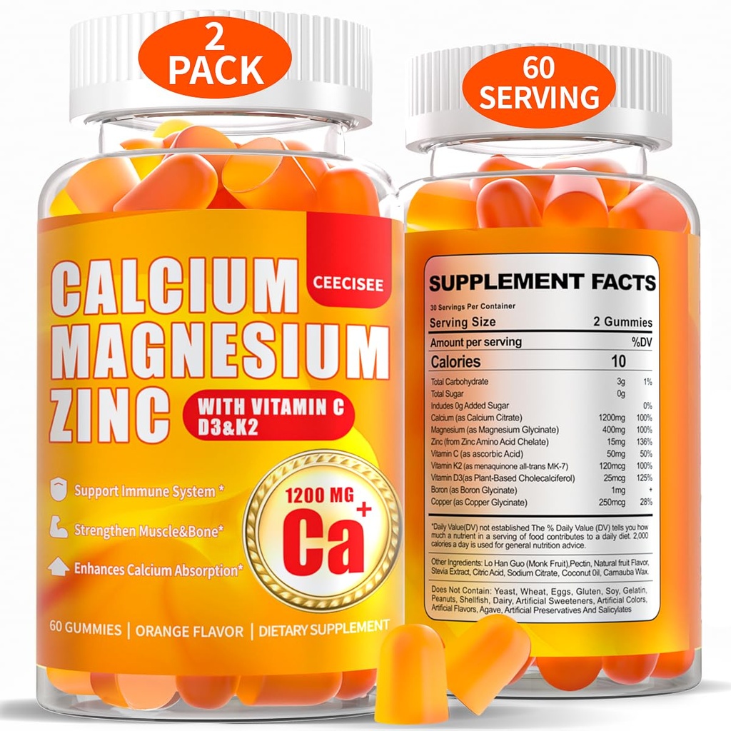여성 남성을 위한 칼슘 마그네슘 Gummies: 비타민 C D3 K2를 가진 1200mg 칼슘 Citrate 아연 거미 - Vegan 설탕 자유로운 Chewable 높은 흡수 Enegy 면역성이 있는 지원 보충교재 (120Count)