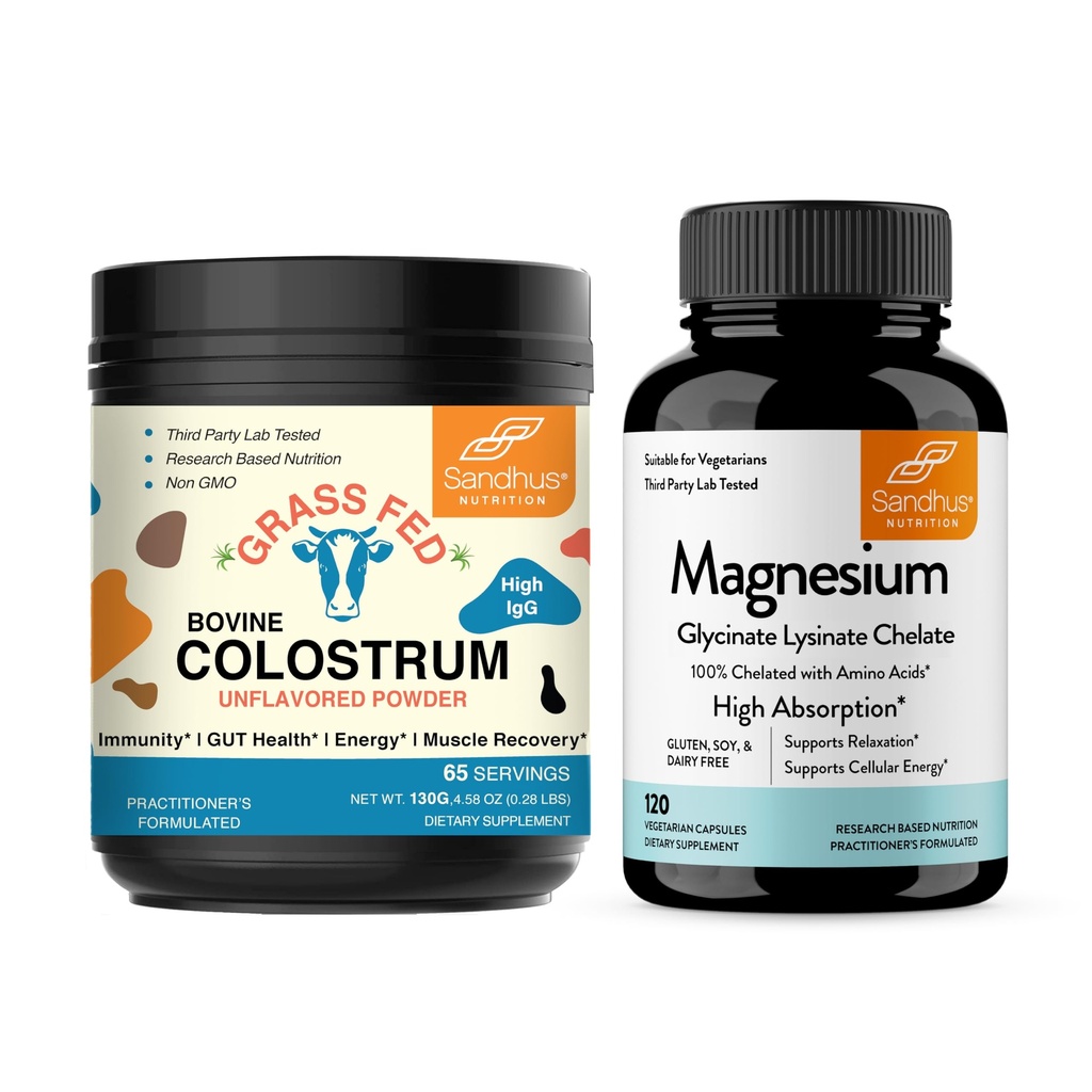 Sandhu의 Bovine Colostrum 분말 & 마그네슘 글리세라이드 리즈테일 캡슐 | 도움 Gut, Immune Heath & Sleep Support