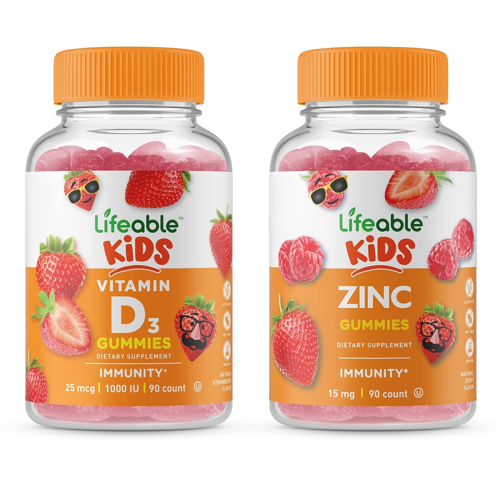 Lifeable Vitamin D Kids + 아연 키즈, Gummies 번들 - 훌륭한 타스팅, 비타민 보충, 글루텐 무료, GMO 무료, Chewable Gummy