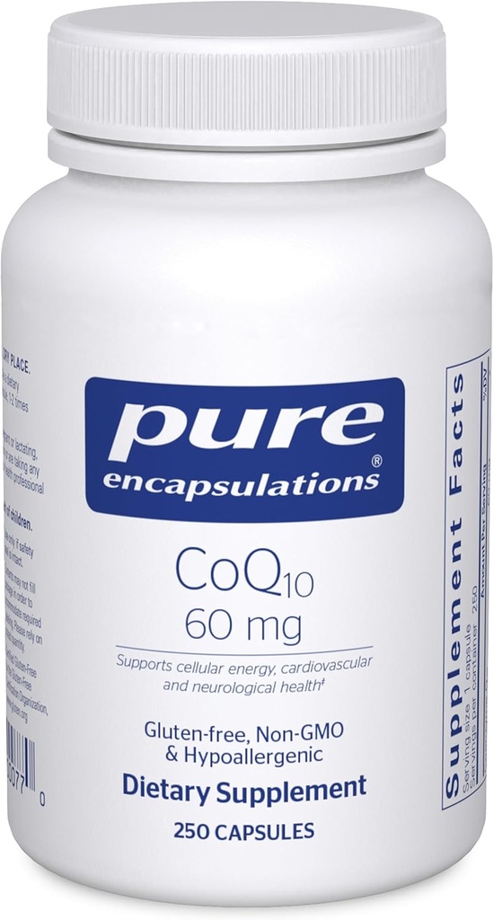 Pure Encapsulations CoQ10 60 mg | 에너지, 산화제, 뇌 및 세포질 건강, Cognition 및 심혈관 지원을위한 Coenzyme Q10 보충 | 250 캡슐