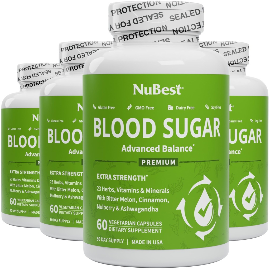 NuBest Blood Sugar - Bitter Melon, Ashwagandha, Cinnamon, Chromium, Magnesium, Vitamins, Alpha Lipoic Acid, Cayenne Pepper - 건강한 혈액 설탕 지원 - 팩 4