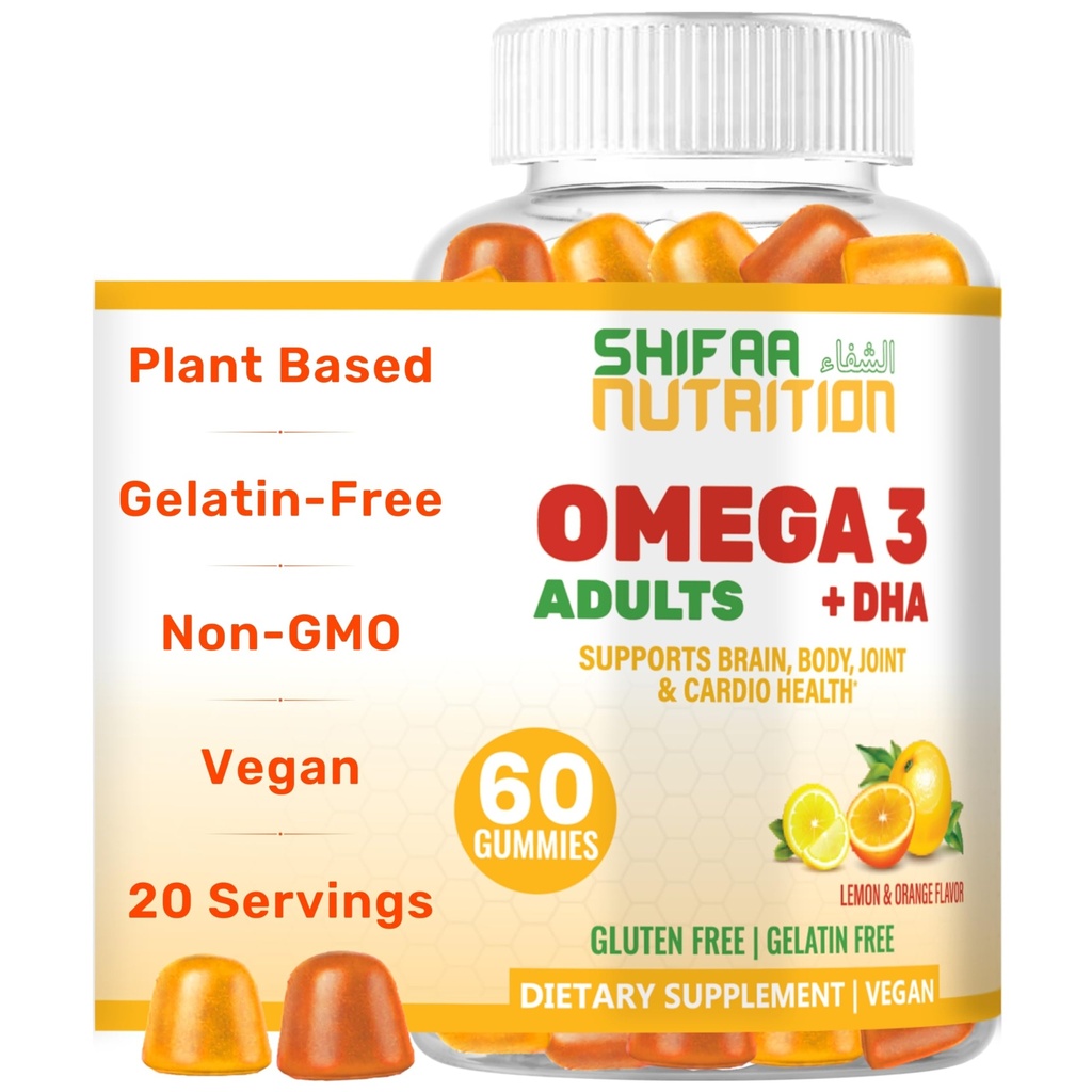 SHIFAA NUTRITION Vegan Omega 3 Gummies for Adults | No Fish Oil Burps | 60 Gummies | 식물 기반 w/Chia Oil, 조류 | 오메가 3 6 9 w/DHA, 비타민 C | 뇌, 심혈관 및 면역 지원 Halal