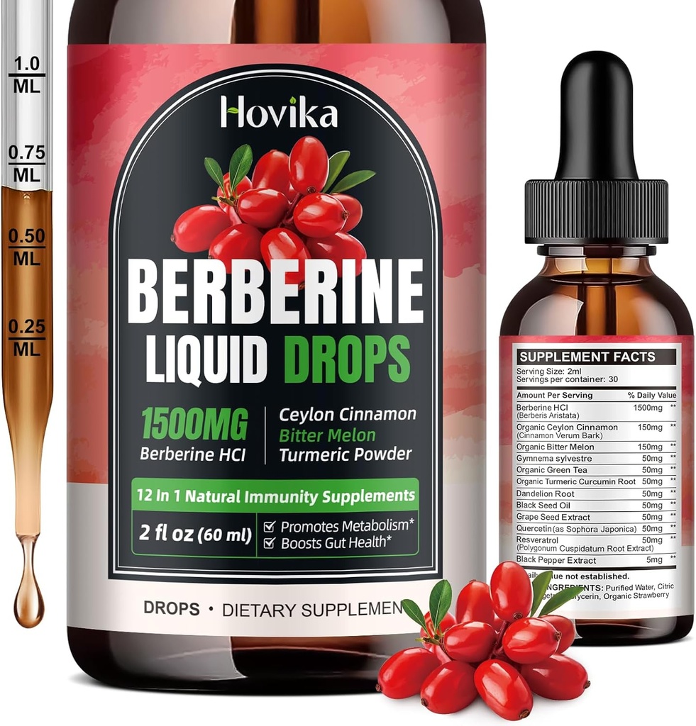 Berberine HCL 액체 낙하 - 1500 mg 높게 흡수성 Berberine 액체 낙하물 - 면역 체계와 심장 건강 지원, 딸기 풍미 2 FL Oz를 위한 Berberine Veggie 보충교재