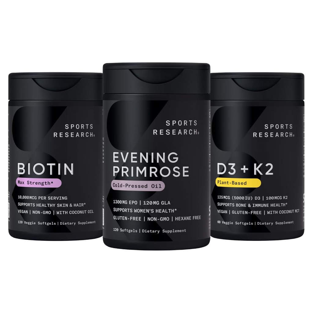 스포츠 연구 Vegan Biotin 10,000mcg 코코넛 오일, 저녁 Primrose 보충 감기에서 눌러진 기름과 식물 기반 비타민 K2 MK7 + Vegan D3 5000iu
