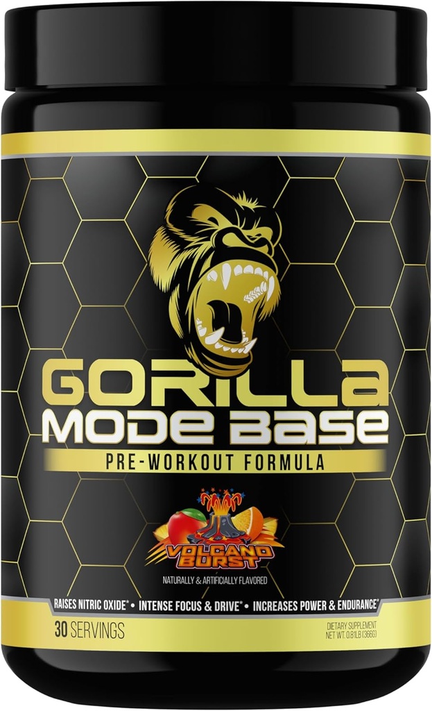 Gorilla Mind Base Pre Workout - Nitric Oxide Intense Focus & Drive Endurance Power - L-Citrulline, L-Tyrosine, Betaine, Alpha-GPC, Caffeine, Huperzine A - 360 그램 (Volcano Burst)
