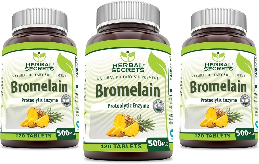 허브 Secrets Bromelain 500 Mg 120 정제 보충 | 팩 3 | Non-GMO | 글루텐 프리 | 미국에서 제작