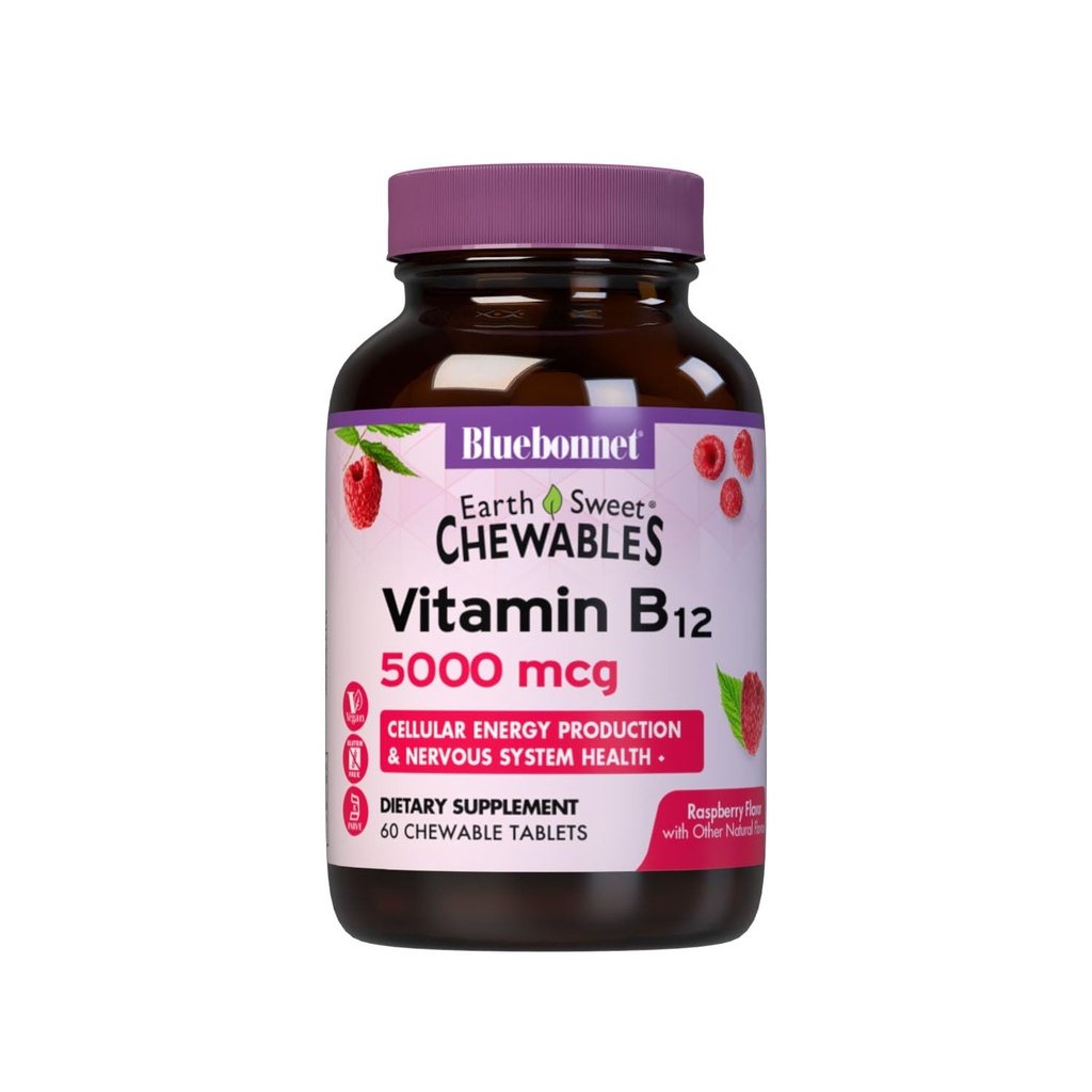 BlueBonnet Nutrition Earth Sweet Vitamin B12 5000 mcg Chewable Tablets, Soy-Free, Gluten-Free, Kosher Certified, Dairy-Free, Vegan, Raspberry flavored, 60 Chewable Tablets, 60 서빙