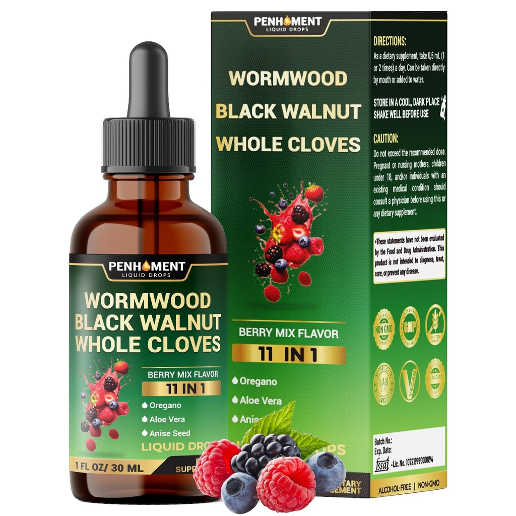 10in1 Wormwood Tincture - 블랙 호두, 전체 Cloves, Reishi 버섯 & 4 더 - Wormwood 액체 드롭 - 2 개월 동안 1 FL OZ 공급 - Berry Mix 풍미