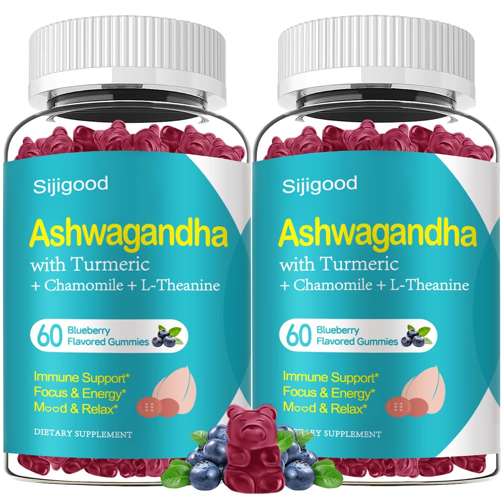 2 팩 Ashwagandha Gummies, Immunity, Relaxation, Calm Mood & Zzz, Ashwagandha 남성 및 여성, 자연 블루 베리 맛, 120 카운트 지원