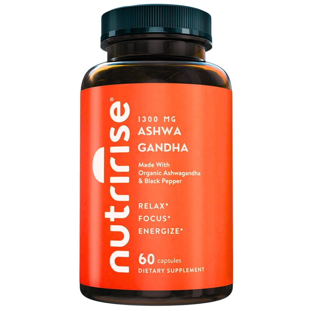 Black Pepper, 1300mg, Natural Stress & Mood, Thyroid & Immune Support Supplement, Clarity, Focus & Energy, Gluten Free, 60 카운트를 가진 NutriRise 유기 Ashwagandha 뿌리 캡슐