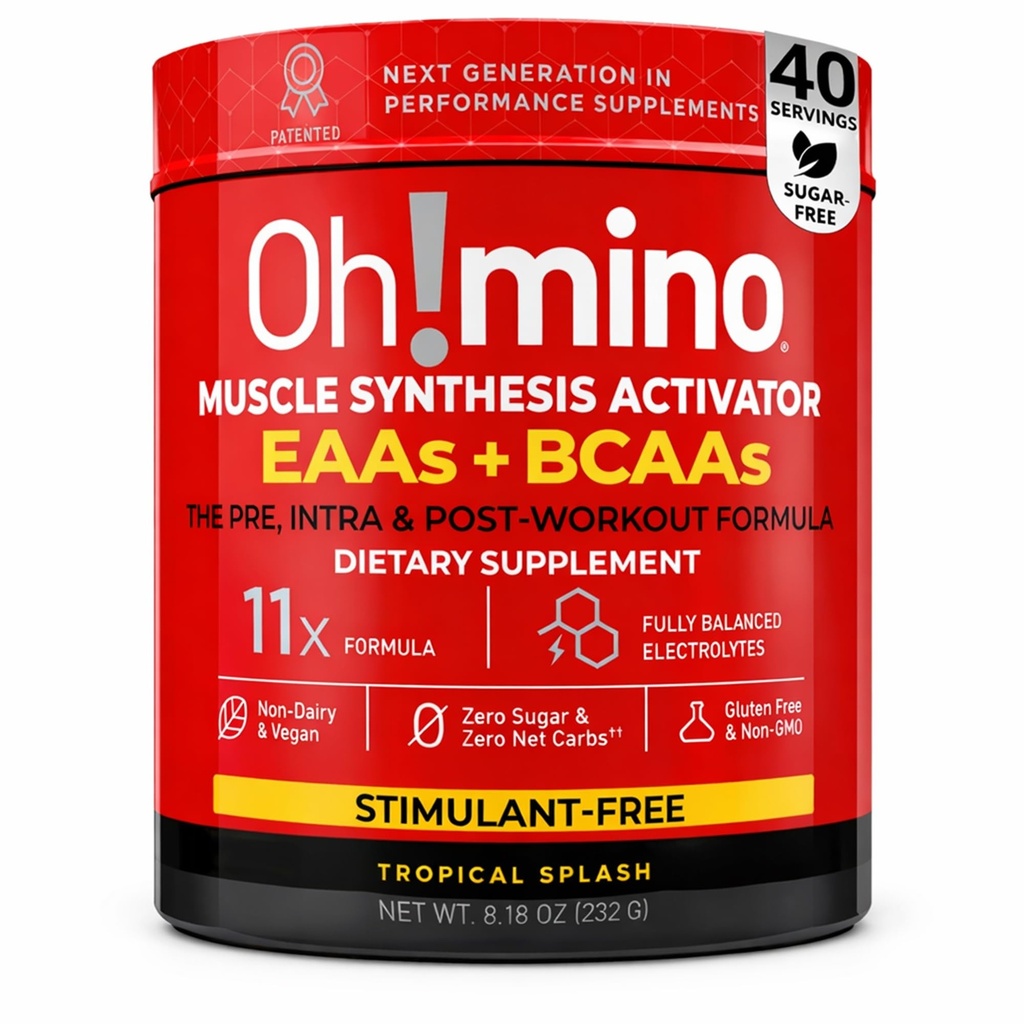 Oh!mino 필수 아미노산 보충교재. Tropical Splash, Stimulant-Free 분말. 모든 9 EAAs, BCAAs 및 운동, 아미노산 에너지를위한 완벽한 아미노산, 근육을 구축하고 더 빠른 회복.