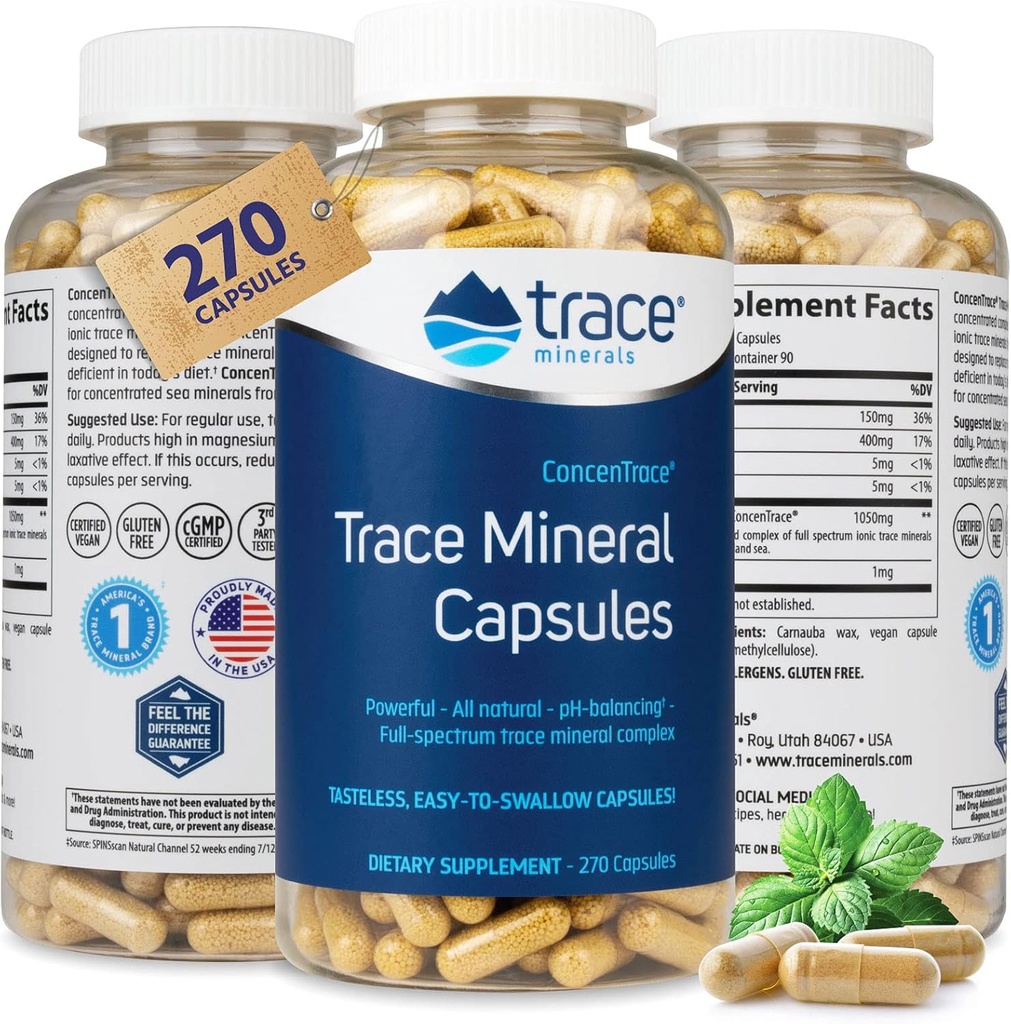 Trace Minerals 저 나트륨 ConcenTrace 캡슐 - 뼈 건강 및 바디 에너지 지원 보충 - 건강한 Hydration & Electrolyte 지원 보충교재 - 270 캡슐 (90의 서빙