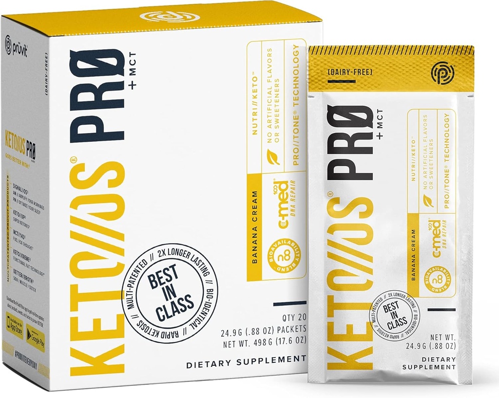 Pruvit Keto//OS Pro 바나나 크림 + MCT Ketones - 에너지 부스트, 더 나은 소화 및 도움을위한 Keto / / OS Pro 보충 노화 과정 - 20 패킷