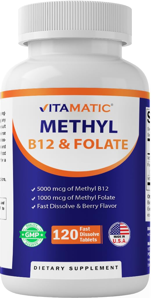 Vitamatic 메틸 Folate & B12는 Pyridoxal 5 인산염 (P-5-P)를 가진 보충교재 - 심장 혈관 건강 & 에너지 대사를 승진시킵니다 - 120는 정제를 - 비 GMO & 글루텐 해방합니다