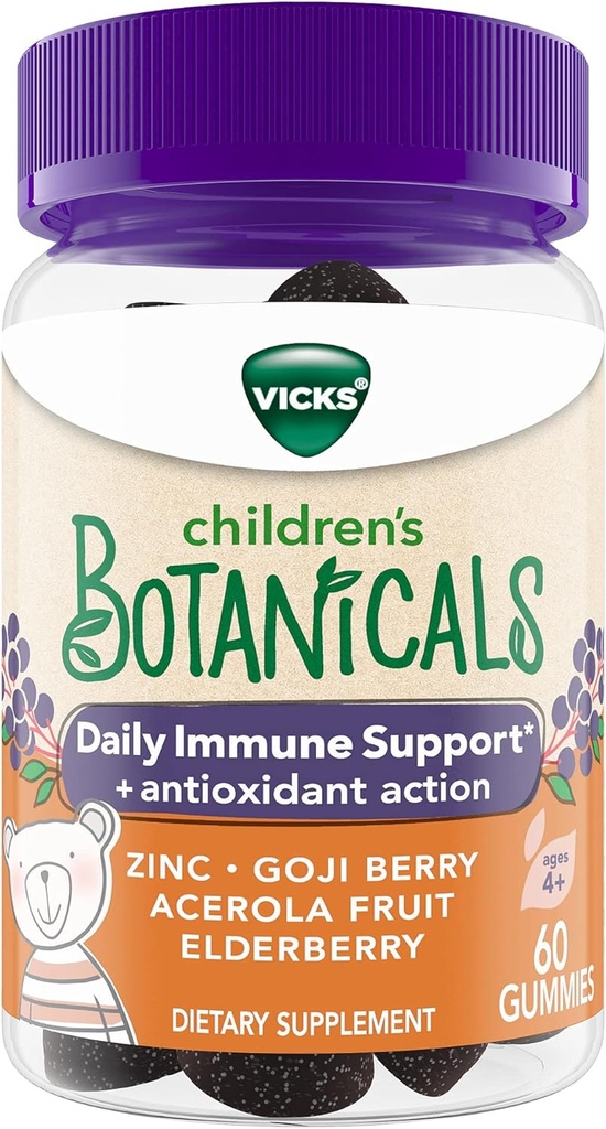Vicks 아이들의 식물 매일 면역 지원* + 산화 방지제 활동, Gummies, 아연으로 만드는, Goji Berry, Acerola 과일 및 Elderberry, 60 ct
