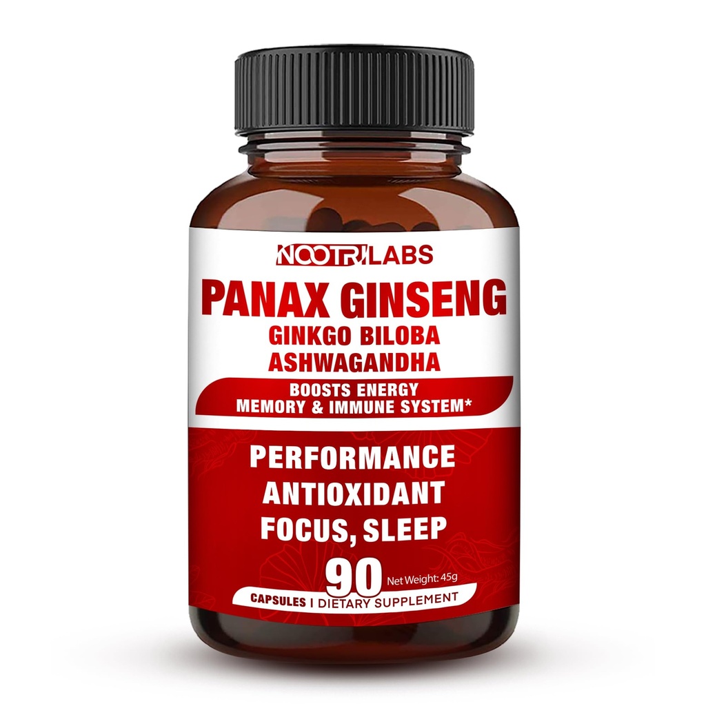 Korean Red Panax Ginseng 750mg Ginkgo Biloba 및 Ashwagandha, Boost Energy, Memory 및 Immune System과 가장 높은 효능 - 남성과 여성을위한 초점 보충 알약, 90 Vegan 캡슐