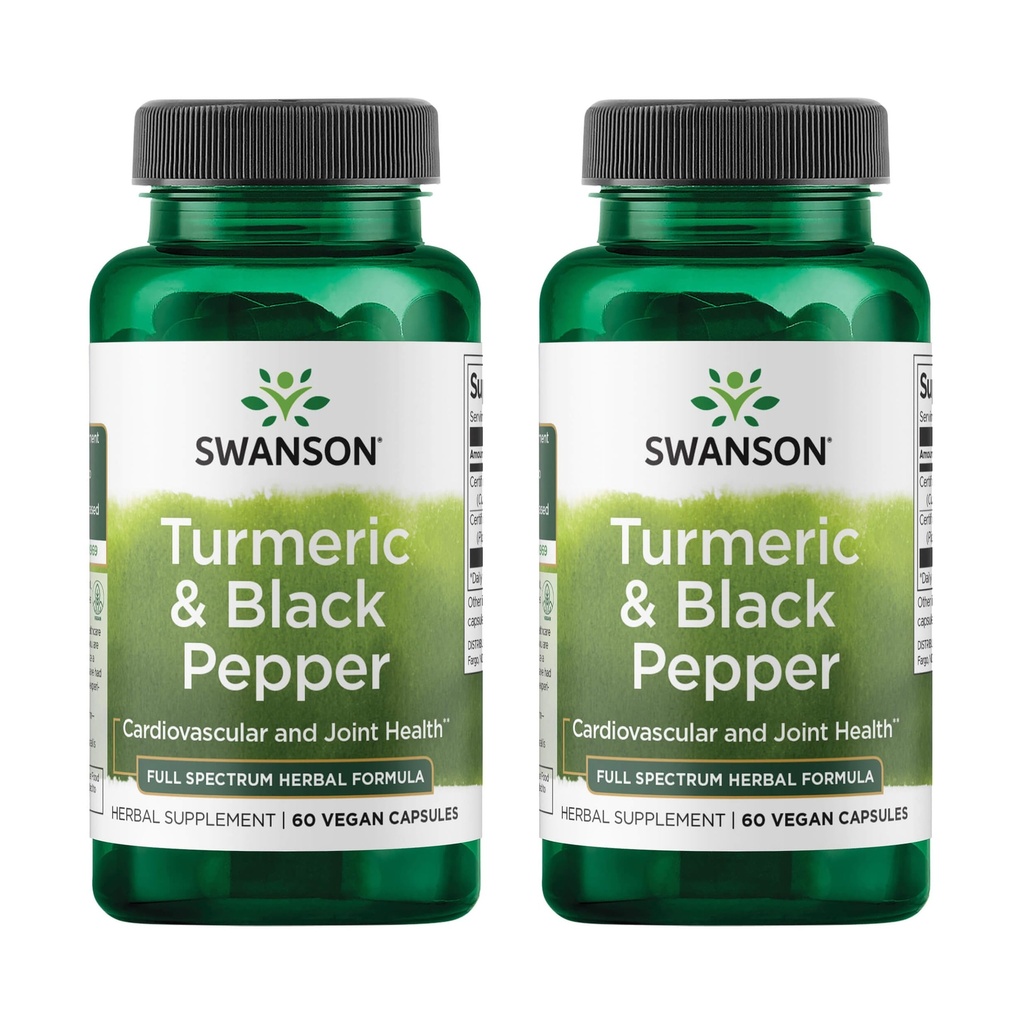 Swanson Turmeric & Black Pepper - 유기 관절 건강, 심장 건강, 소화, & Liver 지원 보충 - 향상된 생체 이용성 및 흡수를위한 천연 공식 - (60 Veggie 캡슐) 2 팩