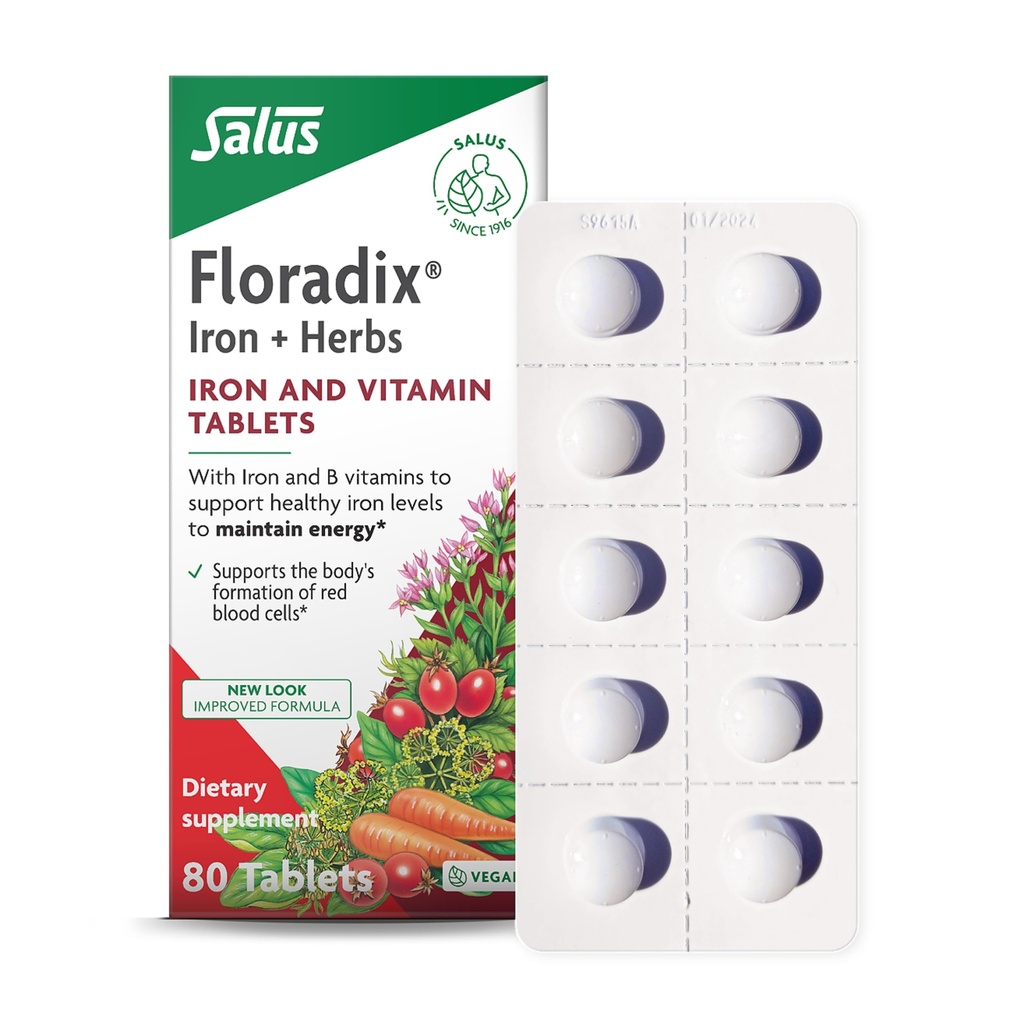 Floradix Iron Tablets - B 비타민, 엽산, 비타민 C 및 기타 - 에너지 지원 - 채식 및 글루텐 - 80 정제 (80 인분)