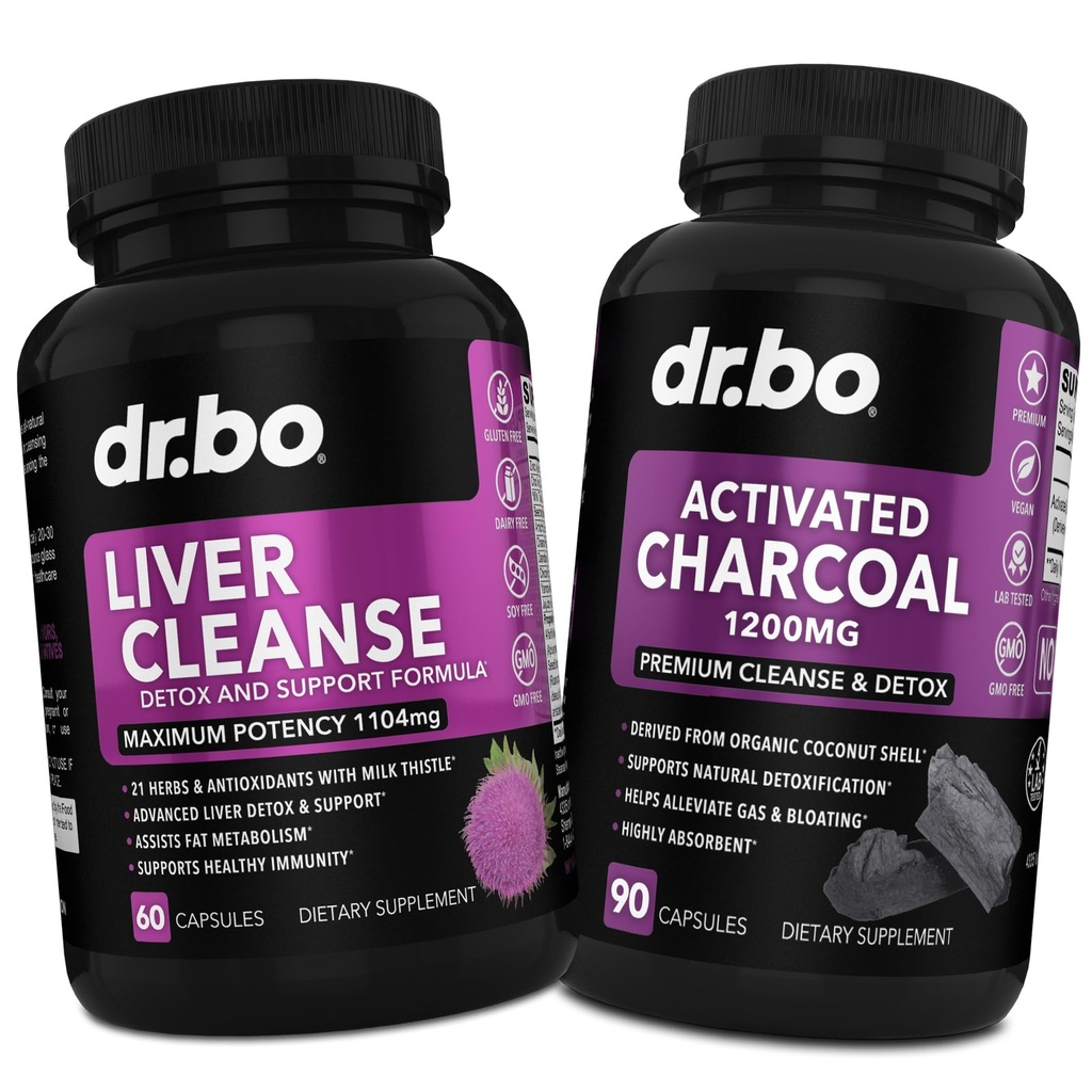 Liver Cleanse & 활성탄 캡슐 - Artichoke, Berberine, Turmeric Herbs가있는 간병 건강 알약 - Stomach Gas 및 Bloating Support를위한 1200mg 유기 코코넛 숯 약