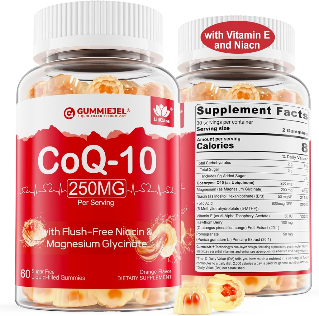 설탕 자유로운 CoQ10는 Gummies 250MG, Coenzyme Q10 w/Magnesium 글리세라이드, Niacin No-Flush 비타민 B3, E & Folic 산, HEA-rt를 위한 높은 흡수 CoQ10, 세포 에너지 & 산화를 억제했습니다