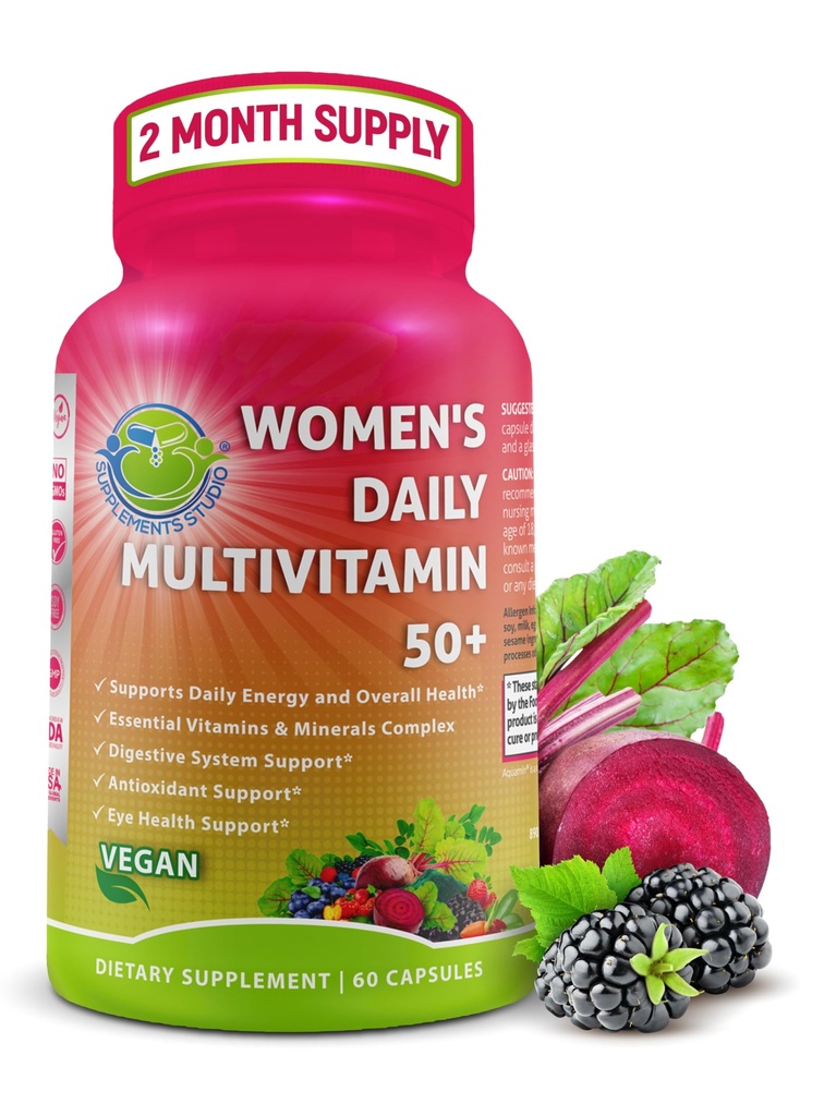Women's Daily Multivitamin 50 Plus - 여성 50 및 Biotin, Organic Superfoods & Lutein - Eye, Energy, Gut & Optimal Health Support에 대한 Vegan Methylated Multivitamin - 삼키기 캡슐에 쉽게