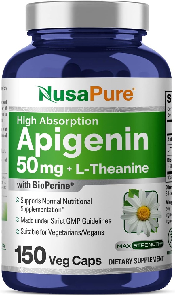NusaPure Apigenin 50mg & L-Theanine 200mg의 150의 Veggie 캡슐, Bioperine (비 GMO, 글루텐 자유로운)
