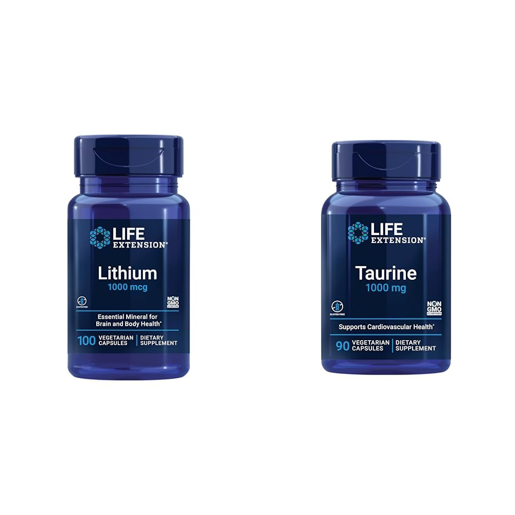 수명 연장 리튬 1000 mcg와 타우린 1000 mg - 뇌 건강, 노화 방지, 장수, 기억, Cognition, 계류, 심장, 간, 근육 및 운동 지원 - 100 조사