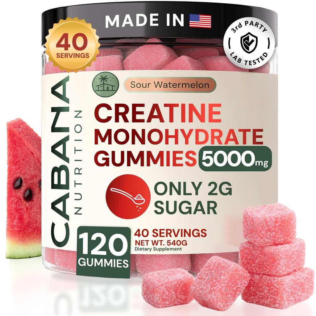 크레아틴 Monohydrate Gummies 5g - 미국제 2g 설탕 만 - Sour Watermelon 풍미 - Vegan & 3rd Party Tested - 여성과 남성을위한 사전 및 포스트 운동 보충 (120 개, 40 개)