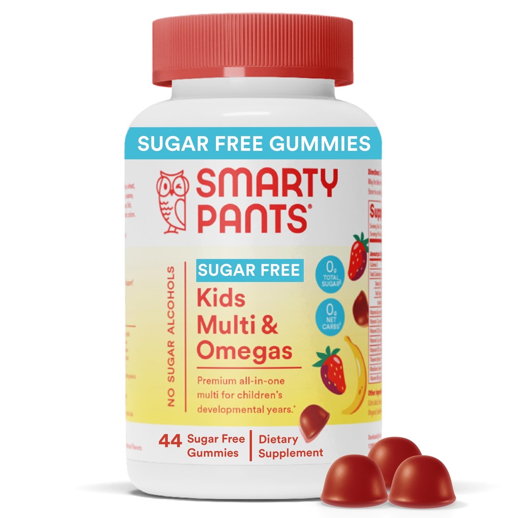 SmartyPants Kids Multivitamin Gummies, 설탕 무료 : 오메가 3 (ALA), 비타민 D3, C, 비타민 B12, B6, A, K & 아연 Immune 지원, Biotin, Erythritol 무료, Strawberry Banana, 44 카운트 (22 일 공급)